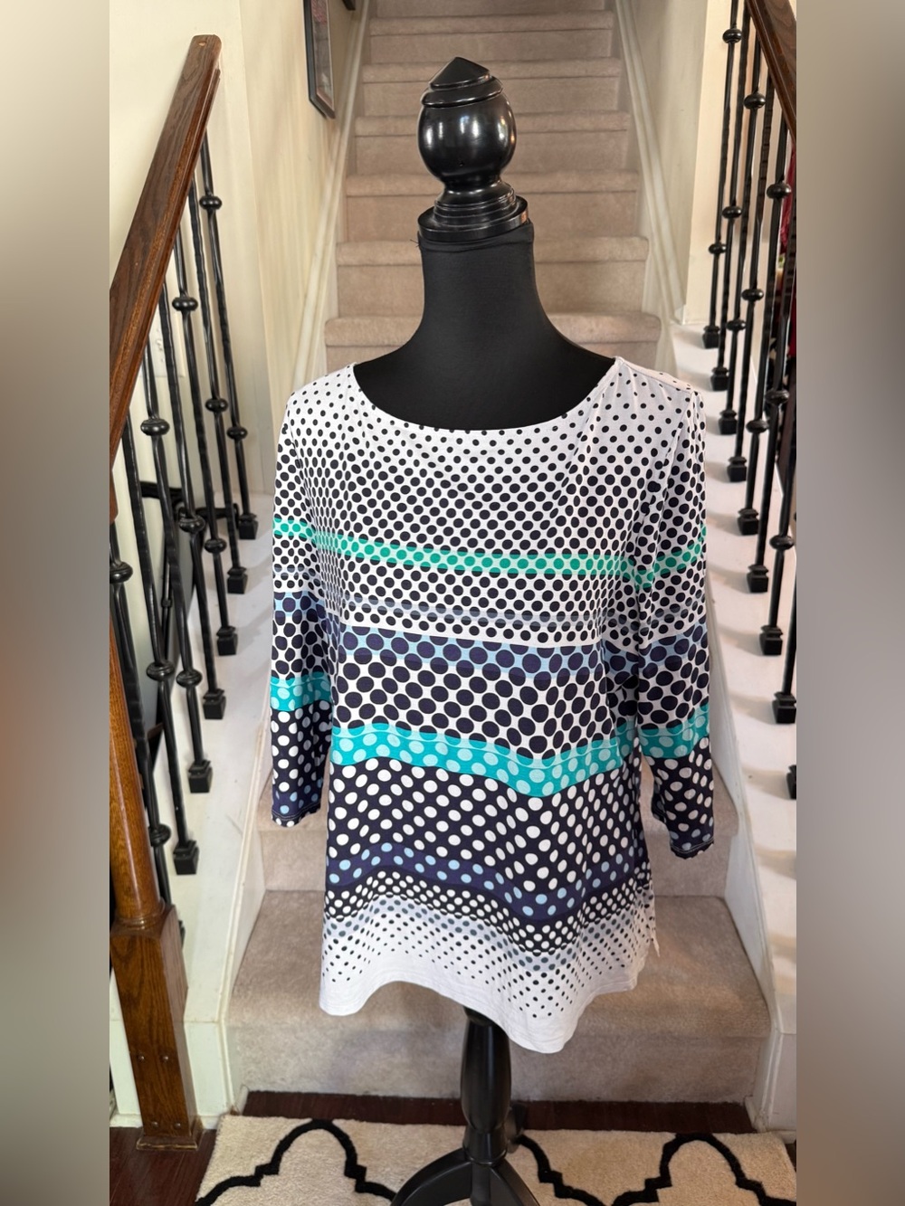 Peck & Peck Navy, White & Teal Polka Dot Stripe Tunic